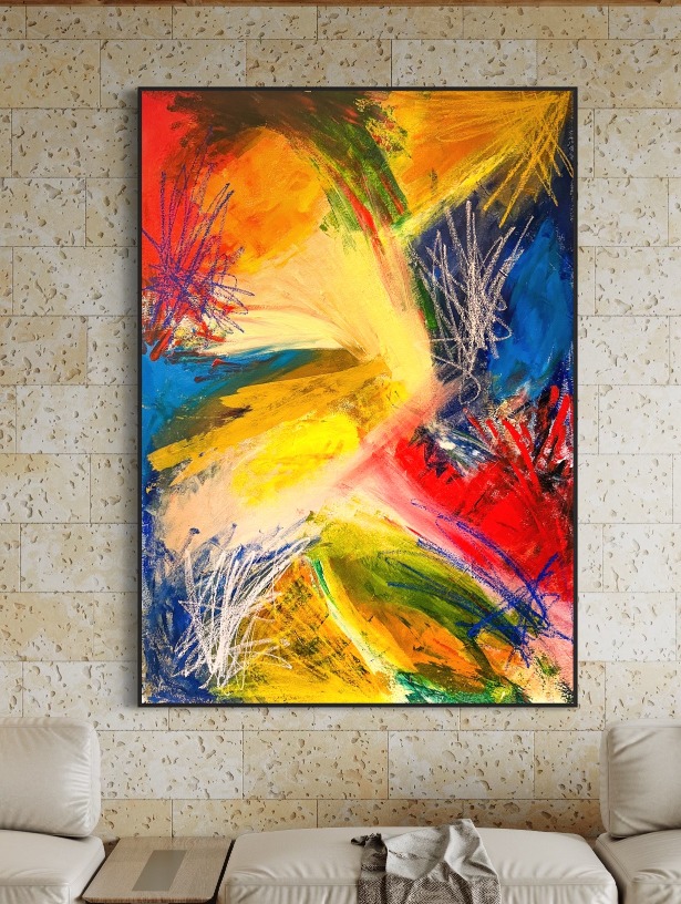 Can You Feel It — installed above a travertine wall